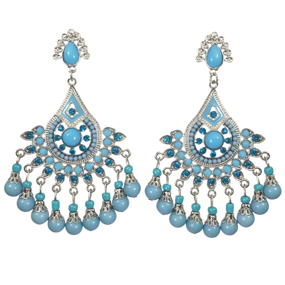 Large Blue Bead Chandelier Statement Drop Earrings